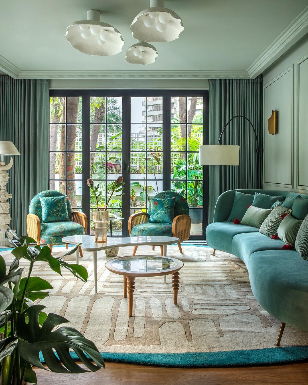 Teal Blue curtains with a leather embroidered border.